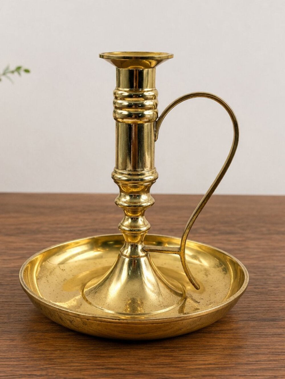 Vintage Brass Chamberstick Candle Holder Made in India 7.5” Handle Catch Tray